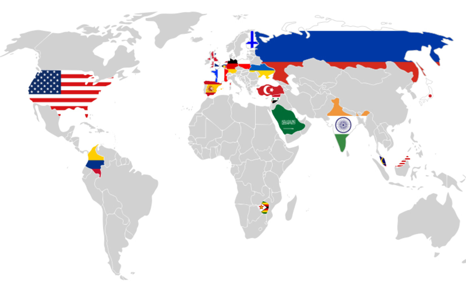 graue Weltkarte mit Länderflaggen