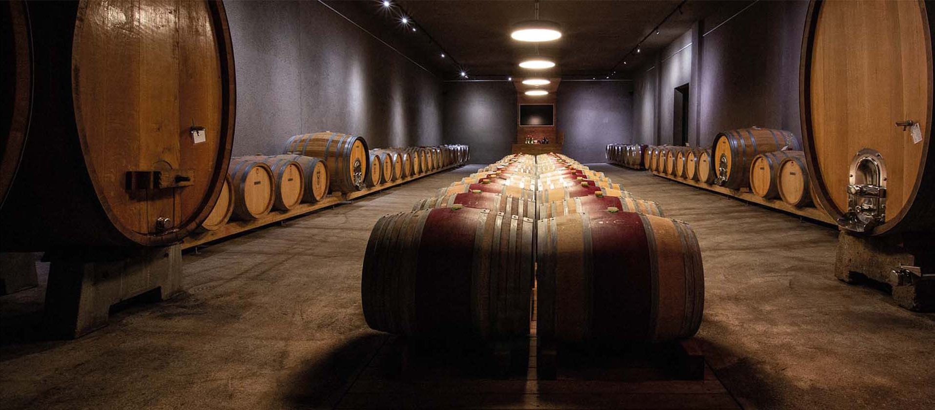 Room full of barrels in the Digital wine press hall kitzingen