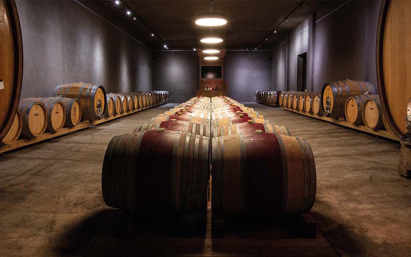 Room with barrels in the Digital wine press hall Kitzingen