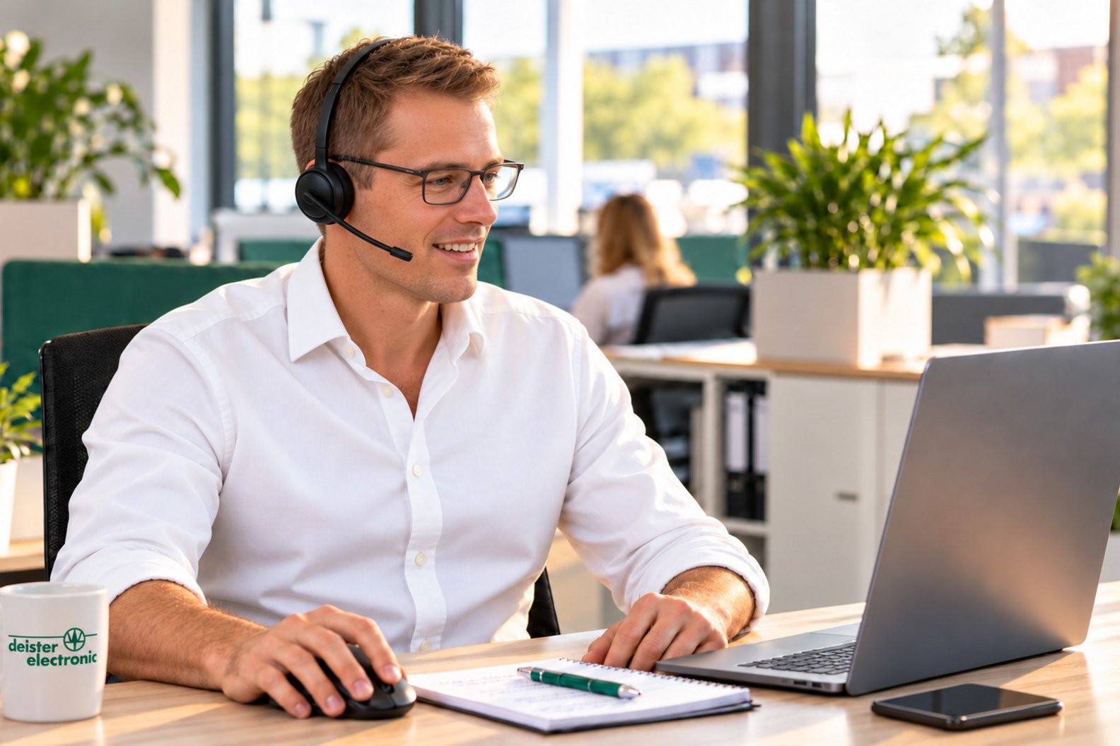 Submit a request Man is making a phone call in an office